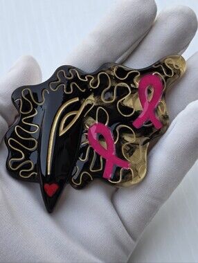 ​Rare Zandra Rhodes Large Manhattan Head Resin Brooch Avant-Garde Pink Ribbon